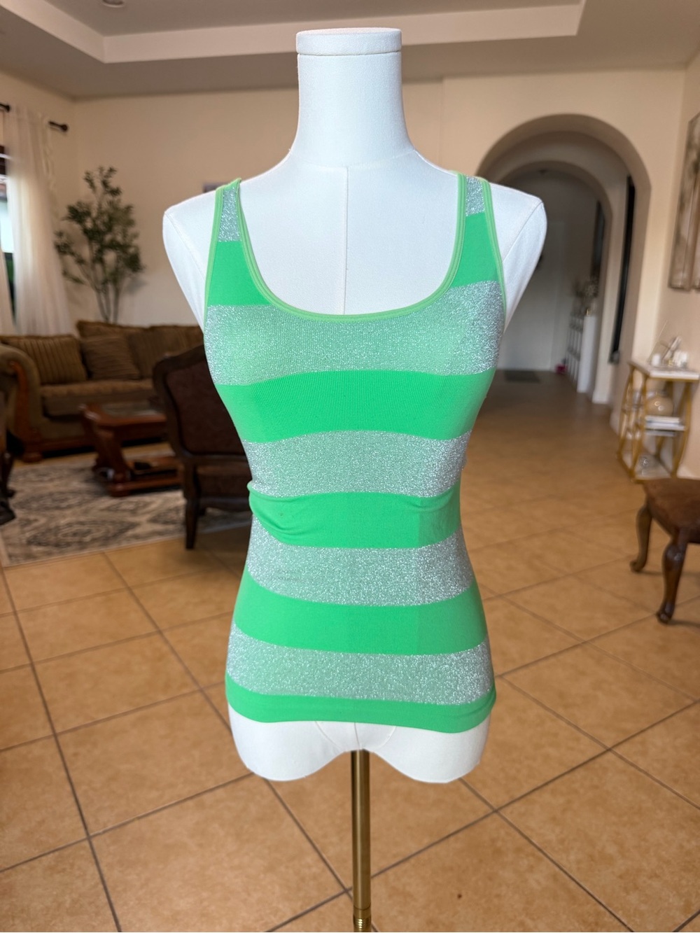Y2K Women’s Green Striped Sparkle Tank Top